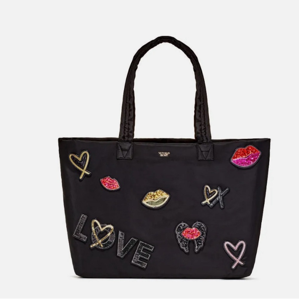 Victoria’s Secret Runway Patch Embellished Weekender Bag Tote Black